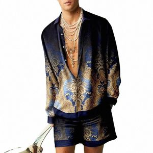 retro printed men's lg sleeved set summer Hawaii beach shirt two-piece set men's street casual tops set men's trendy clothing m0qv#