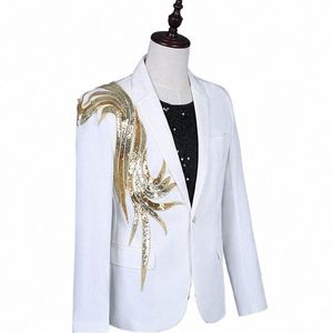 hoo 2023 Men's Vintage Gold Embroidered White Leisure Suit Jacket Singer Stage Performance Banquet Stu blazer f7bL#