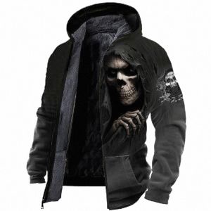 FI Skull Print Fleece Zipper Hooded Hoodie Streetwear Warm Clothing Chaquetas Hombre Parkas Winter Men Casual Jackets O3my#