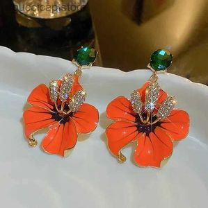 Charm koreansk stil orange emaljblommor släpp örhängen för kvinnor flickor grön kristall dingle örhängen fest smycken y240328