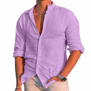 Hot Male Summer Plus Size Shirt Solid Casual Overized Loose LG Sleeve Top Men Slår ner krage lila skjortor FI BLUSA 55RD#