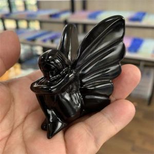 Sculptures Natural HandCarved Obsidian Fairy Angel Statue HandCarved Flower Fairy Elven Princess Decoration 1pcs