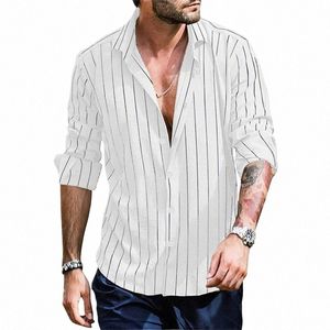 casual New Men's Solid Color Streetwear Shirt Striped Shirts For Men Clothing Spring Autumn Lg Sleeve Butt Lapel 2024 Shirt h2tv#