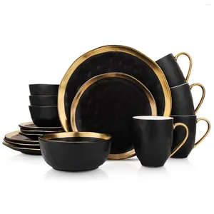 Flatware Sets Lain Florian Modern Porcelain Dish Set 16-Piece Dishes For 4 Gold And Black