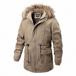 uomo inverno Lg Parka cappotto in pile addensare collo di pelliccia caldo antivento giacca casual da uomo con cappuccio fodera in lana all'aperto soprabito d1cr #