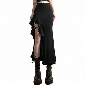 gothic Black High Waist Bodyc Mid Skirt E-Girl Punk Ruffles Split A-Line Skirts Y2K Fi Women Streetwear Bottoms M3uj#