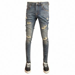 fi Streetwear Men Jeans Retro Blue Elastic Skinny Fit Ripped Jeans Men Hole Trousers Patched Designer Vintage Denim Pants f5L9#