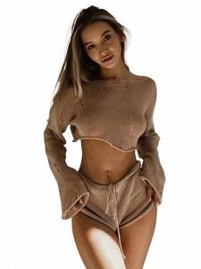 2023 Sexy Strand Crop Top Shorts Sets Frauen Stricken LG Sleeve Lace Up Weibliche Anzug Sommer Urlaub Durchsichtig 2 Stück Set Damen W9UJ #