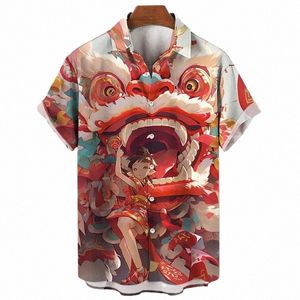 fi Hawaiian Shirt Men 3d Li Dance Printed New Year Short Sleeves Harajuku Tops Holiday Party Oversized Lapel Shirts 11Ig#