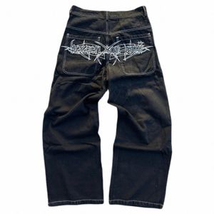 Y2K kot pantolon retro kafatası grafik bülbeli kot siyah pantolon erkekler yeni punk rock hip hop gotik geniş bacak pantolon sokak kıyafetleri 48rk#