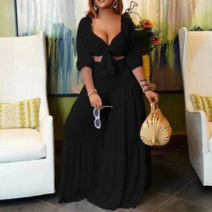 Plus Size Solid Color Womens Elegant Casual Evening Dress Wrapped In Chest Strap Top Wide Leg Pants TwoPiece Set 240328