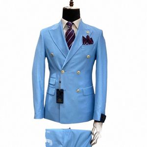 Blu chiaro Rosso Verde Doppio Petto Slim Fit Abiti da uomo Smoking da sposa Sposo Busin Party Prom Best Man Blazer Costume Homme 39WC #