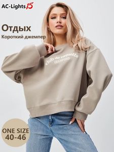 Women Embroider Short Sweatshirt Chic Long Sleeve O Neck Letter Print Solid Oversize Pullover Spring Outwear Top for Women 240315