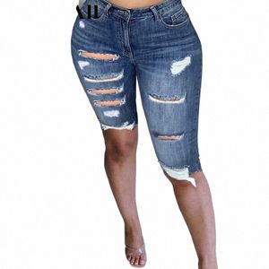 Mulheres Plus Size Street Fringe Stretchy Skiny Joelho Denim Pant 5XL Verão Casual Básico Spandex Quinto Jeans Grunge Bermudas b1YP #