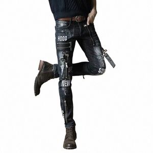 Livre o navio novo 2020 masculino jeans marca magro maré europeia marca buraco fino metal estilo punk hip hop calças jeans O0SQ #