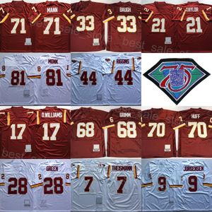 Retrocesso 75º Aniversário Futebol 17 Doug Williams Jersey Vintage 44 John Riggins 28 Darrell Green 21 Sean Taylor 71 Charles Mann Vermelho Branco Equipe Retro Costurado