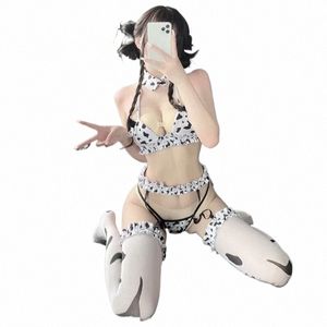 Anime giapponese Milk Cow Cos Cosplay Donne Costumi sexy Lingerie Mini Bikini Set Kawaii Outfit Cameriera uniforme con calze S5f8 #