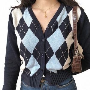 Vintage V-ausschnitt Plaid LG Hülse Frauen Pullover 2022 Herbst Winter Kurze Strickjacke Pullover Womes England Stil Tops V1B9 #