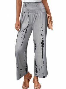 Plus -storlek Casual Pants, Women's Plus Tie Dye Ruffle Trim Shirred midja High Rise Wide Leg Trousers D2C5#