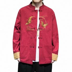 spring Autumn 2024 Chinese Style Men's Cott Linen Crane Embroidery Shirt Tang Suit Large Retro Trendy Jacket Coat d3z7#