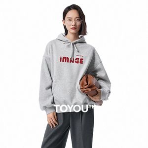 Toyouth Women Fleece Hooded Sweatshirt 2024 Spring New DrawstringレタープリントポケットLGスリーブカジュアルアウトウェアプルオーバートップe3ix＃