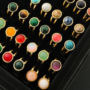 Boho 10mm pedra natural anéis abertos para casamento apatita ametista malaquita aço inoxidável prata anel de ouro feminino ajustável