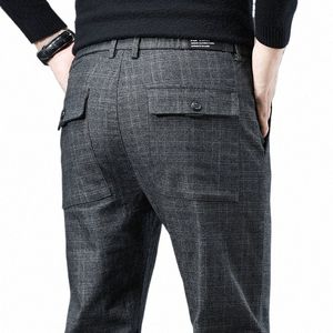 spring Autumn Korea Busin Men Pants Cott Comfortable Elastic Plaid Casual Fi Trousers Male Suit Pant J0FZ#