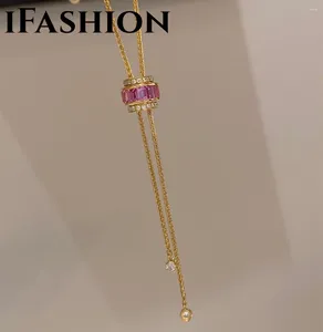 Pendants IFASHION Diamond Sweater Chain Pink Sapphire Necklace 18K Import Solid Yellow Real Gold Jewelry(AU750)Women Handmade