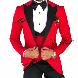 Vestito da uomo formale da sposo Sposo da sposa Smoking Giacca rossa Gilet Pantaloni neri Set da 3 pezzi Giacca slim fit Abito da uomo elegante z0nR #