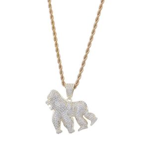 Hiphop 14k guldpläterad gorillahänge halsband isad ut alla zirkon mässing guld silver pläterad charm djurhalsband för män kvinnor342j