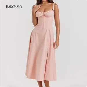 Casual Dresses 2024 Women Corset Style Bow Ruched Low Chest Hem Slit Swing Midi Long Robe Sexig Pink Cross Nacing Up Bandage Back Sling Dress