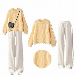 Koreansk versi 2023 Autumn New Female Student Set Women's Sticked tröja Aprikos Wide Leg Pants Women's Two Piece SetWomen Pant Q7wx#