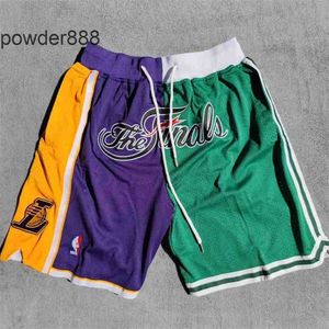 Mäns snabbtorkning av broderade shorts Celtics Double Basketball Pants 2007-08 Finals Commemorative Edition 4-Pocket broderade JD-shorts