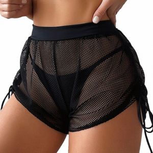 Frauen Seite Kordelzug Mesh Cover Up Shorts Perspektive Strand Cover Up Wrap Bikini Wraps S-5XL Für Bademode Shorts saida de praia b9iw #