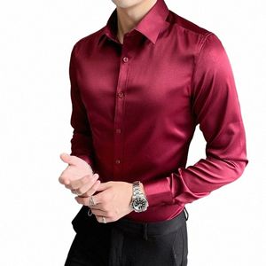 Camisa masculina de luxo marinho cetim dr 2023 marca nova slim fit lg camisa de manga para homens busin casual strech chemise homme o0bD #