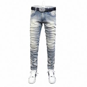 italian Fi Men Jeans Light Gray Blue Slim Fit Retro Ripped Jeans Men Vintage Trousers Casual Designer Denim Pants Hombre Z2IQ#