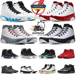 Med Box Jumpman 9 basketskor 9s Fire Red Powder Blue Particle Grey UNC Gym Red Chile Blue Blued Countdown Pack Statue Mens J9 Sports Sneakers Trainers