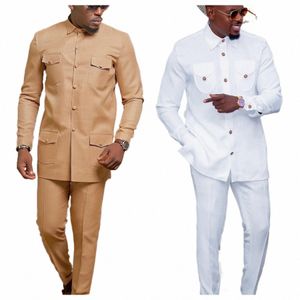 Nya herrtemos bröllop Två stycke Suit Men's Dr LG Pants Shirt Solid Color LG Sleeve Party African Ethnic Style Clothing 02DT#