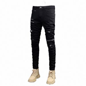 streetwear Fi Black Jeans Men Elastic Slim Fit Destroyed Ripped Jeans Zipper Designer Hip Hop Punk Denim Pencil Pants Men W0Un#
