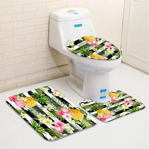 Badematten-Set mit 3 Blumen, Badezimmerteppich, Streifen, rosa, weiße Blume, grüne Blätter, niedriger Flor, Memory-Schaum-Matte, Toilettenbezug, U-förmiger Teppich