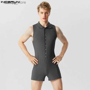 Men's T-Shirts 2023 Men Rompers Pajamas Solid Color Striped Homewear Lapel Short Sleeve Fashion Male Bodysuits Fitness Jumpsuits S-5XL24328