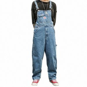 cinta jeans solto de uma peça calças de perna larga homens americano reto casual papai suspensórios macacão carga workwear denim macacão f60E #