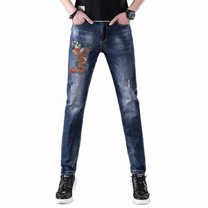 fi Drag Embroidery Men Jeans High Blue Color Denim Pants Hip Hop Men's Trousers Drag Pattern Slim Fit Dropship q7eP#