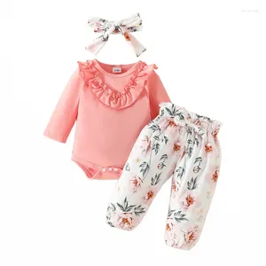 Clothing Sets Baby Girls 3 Piece Outfit Ruffles Long Sleeves Romper And Floral Pants Headband Cute Clothes