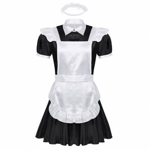 3pcs Erkek Yetişkinler Sissy Maid Cosplay Cosplay Kıyafet Down Down Down-Down yaka Puff Sleeve Frt Butt Dr Dr Nis ve kafa bandı l9tn#