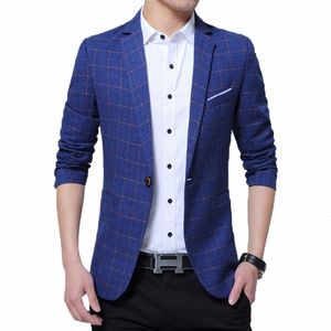 browon Autumn Fi Men Blazer Slim Fit Plaid Suit Jacket Leisure One Butt Fine Fabric Polyester Mens Designer Blazers 5XL d2vO#