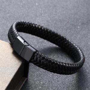 Charme pulseiras punk homens jóias preto vermelho trançado pulseira de couro aço inoxidável fecho magnético moda pulseiras envoltório pulseira g2497