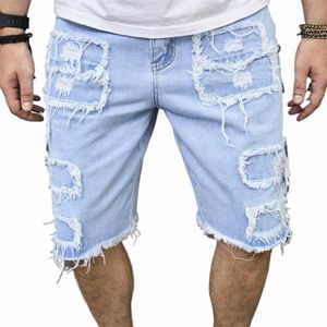 2023 New Men's Jeans Ripped Loose Casual Shorts Knee Length Pants Streetwear Men Fi Light Blue Denim Jeans 01bT#