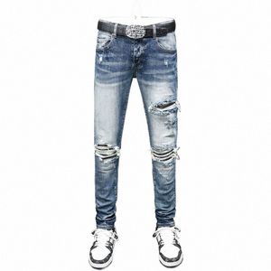 high Street Fi Men Jeans Retro Blue Stretch Skinny Fit Ripped Jeans Men Leather Patched Designer Hip Hop Brand Pants Hombre z7iw#