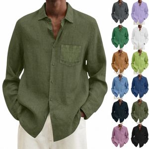 male Summer Cott Linen Solid Casual Plus Size Loose Shirt Mens Turn Down Lg Sleeve Shirt E2pM#